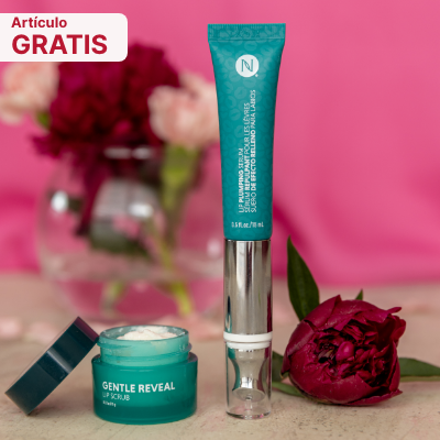 Image of Gentle Reveal Lip Scrub next to Image of Lip Plumping Serum with flowers In background.